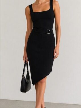 Calvin Klein Black Belted Asymmetrical Skirt Dress